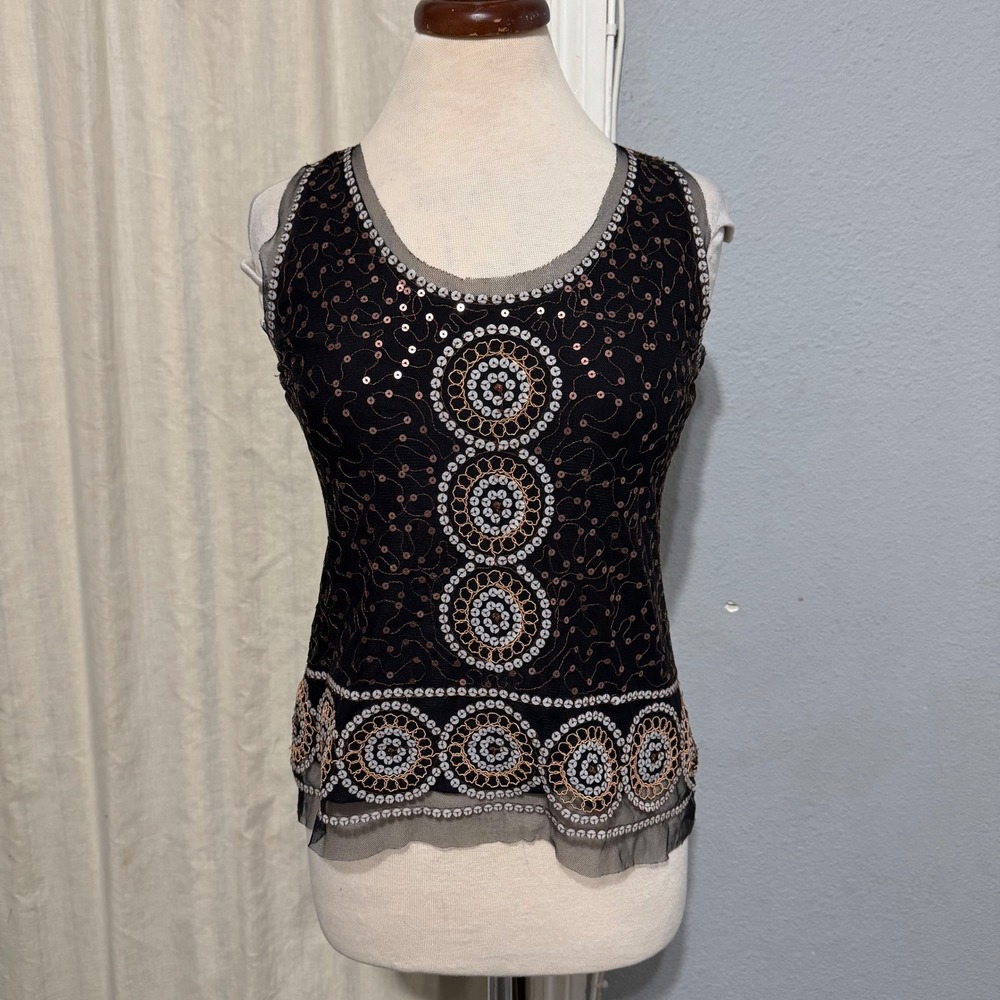 Max Studio Black Embellished Sequins Circle Design Sleeveless Sheer Trim‎ Top S